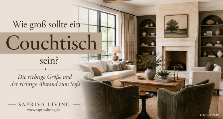 Wohnzimmer mit passend dimensioniertem Couchtisch zwischen Sofa und Sesseln