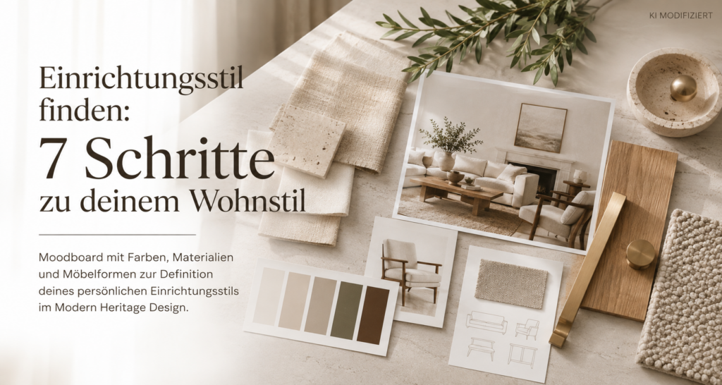 Moodboard mit Farben, Materialien und Möbelformen zur Definition des persönlichen Einrichtungsstils