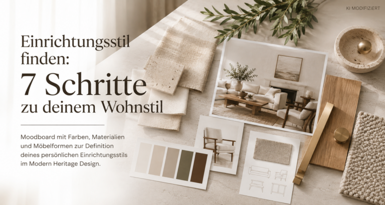 Moodboard mit Farben, Materialien und Möbelformen zur Definition des persönlichen Einrichtungsstils