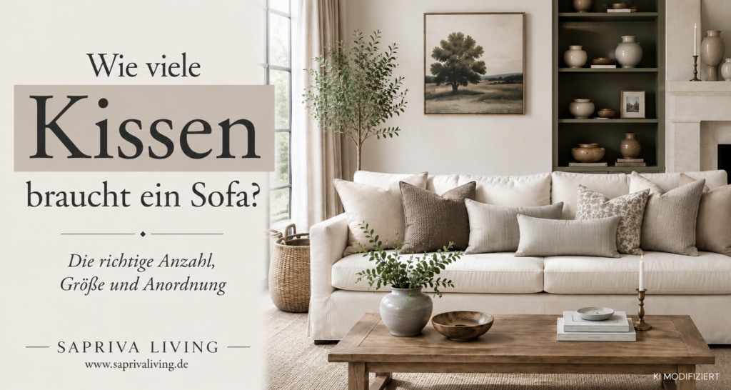Cremefarbenes Sofa mit gestaffelten Kissen in unterschiedlichen Größen und Naturtönen