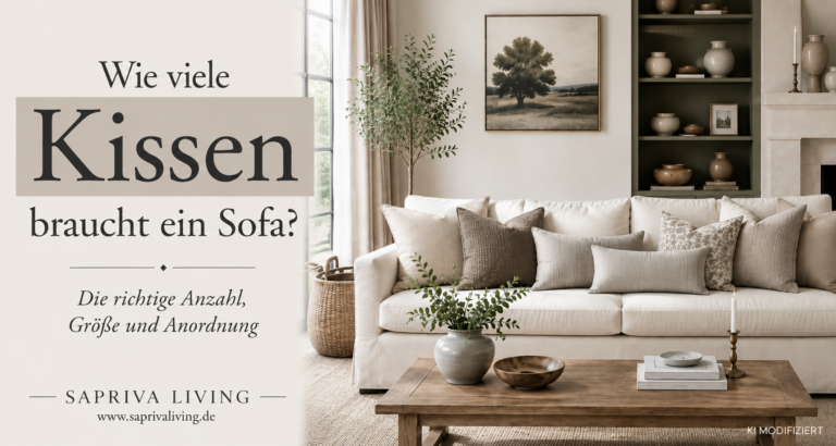 Cremefarbenes Sofa mit gestaffelten Kissen in unterschiedlichen Größen und Naturtönen