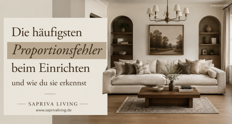 Wohnzimmer mit falsch dimensioniertem Sofa und zu kleinem Teppich als Proportionsbeispiel