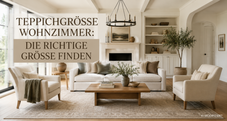 Wohnzimmer mit richtig dimensioniertem Teppich unter Sofa und Sesseln