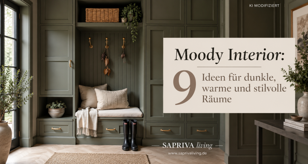 Moody Interior mit dunkler Wandfarbe, Naturmaterialien und warmen Akzenten.