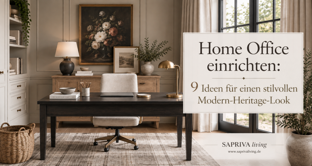 Modernes Home Office im Modern-Heritage-Stil mit greige Wandpaneelen, dunklem Holztisch, hellem Polsterstuhl, klassischem Landschaftsgemälde, Messinglampe, Bücherregal und natürlichen Materialien in warmen, neutralen Farbtönen.