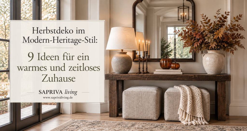 Herbstdeko im Modern-Heritage-Stil mit dunkler Holzkonsole, Keramikvasen, Kerzen, Kürbissen, herbstlichem Zweigarrangement und einem großen Spiegel in einem warmen, zeitlosen Eingangsbereich.