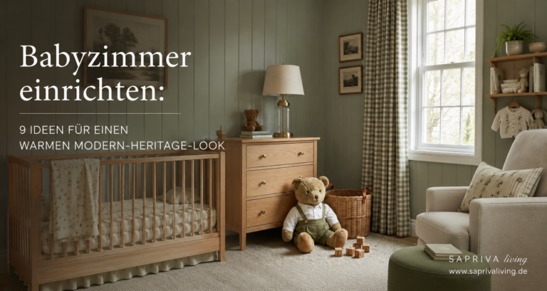 Babyzimmer im warmen Modern-Heritage-Stil mit Holz, Salbeigrün und Naturtönen.