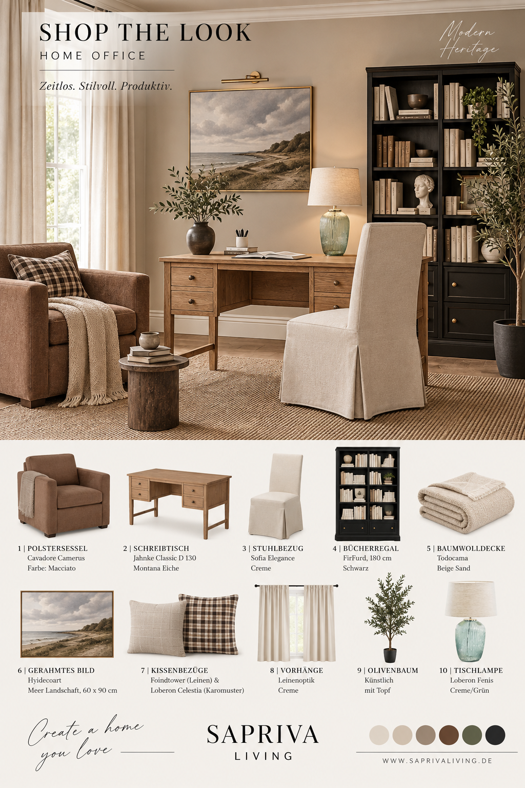 Shop the Look: Home Office im Modern-Heritage-Stil mit Schreibtisch, Stuhl, Teppich und Beleuchtung