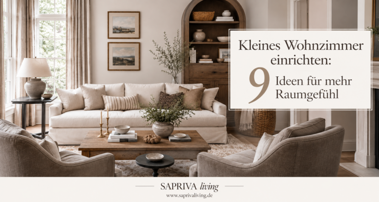 Kleines Wohnzimmer im Modern-Heritage-Stil mit hellem Sofa, Polstersesseln, Holztisch und dunklem Holzschrank.